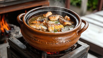 Steaming clay pot filled with delicious fish stew simmers over open flame adding warmth and inviting aroma to a rustic outdoor setting on a cozy day in autumn.