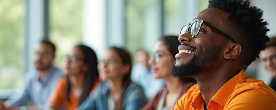Diverse students attend lecture in modern classroom. Young people listen actively, engaging with professor. Future leaders learn new skills in college.