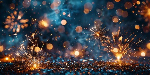 Panoramic Background of Fiery Fireworks Display with Bokeh Lights