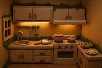 Whimsical Claymation Miniature Kitchen with Handmade Details