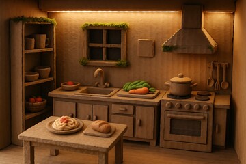 Handcrafted Clay Miniature Kitchen with Rustic Details