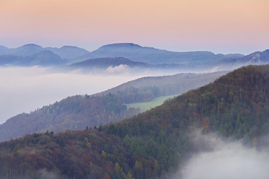 View from the Gisliflue of the Jura foothills covered in fog, in the light of dawn, Talheim, Canton, Aargau, Switzerland