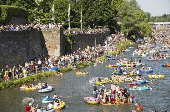 Themed boats at the Nabada boat parade on Schw&ouml;rmontag, a traditional Ulm holiday, Danube, Ulm, Baden-Wuerttemberg, Germany
