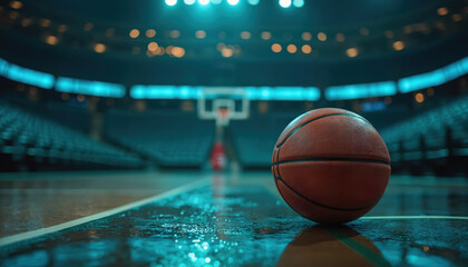 Orange basketball rests on wet court under stadium lights. Blue seats fill arena background. Basketball hoop visible in distance. Night game atmosphere.