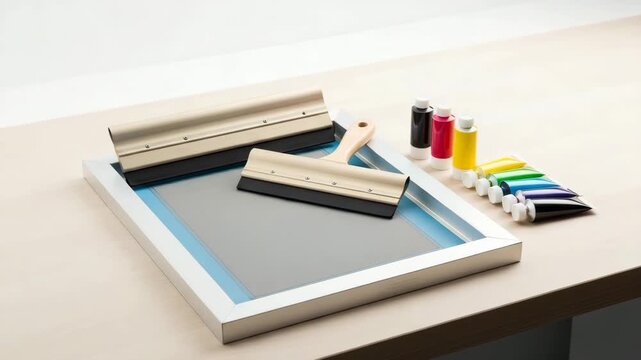 Screen printing tools and inks arranged on a workspace table  
