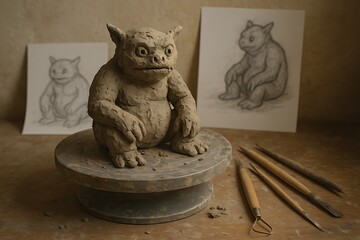 Handmade Clay Sculpture of a Fantasy Creature on a Pottery Wheel