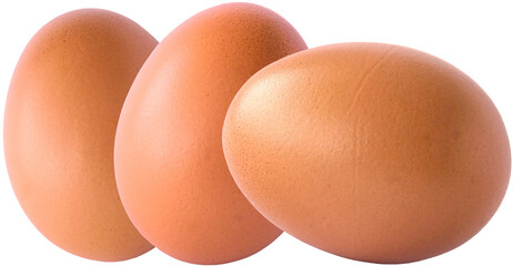 Composition of Three Brown Chicken Eggs Overlapping Isolated in Transparent Background