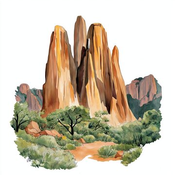Sindou Peaks. Sindou Peaks hand drawn watercolor illustration on white background