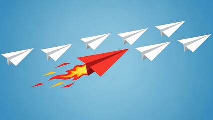Red paper airplane with fiery rocket propulsion leads a group of white planes against a blue sky background