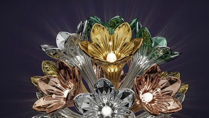 Close-up of a beautiful crystal flower arrangement with multiple colored blossoms and glowing lights.