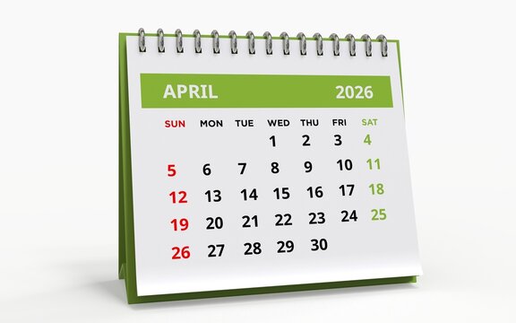 Standing  Desktop calendar for April 2026, standard format with a green header and metal spiral binding, the week starting on Sunday.