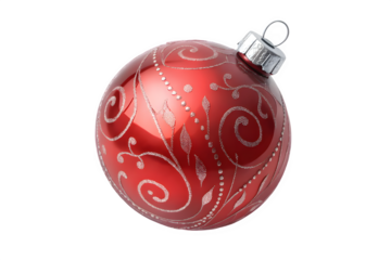 Red christmas ornament with swirling pattern isolated on transparent background