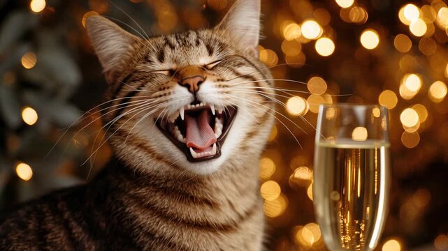 tabby cat laughing beside champagne glass, golden bokeh lights, open mouth mid-meow, sparkling bubbles, cozy indoor holiday party mood, close-up portrait