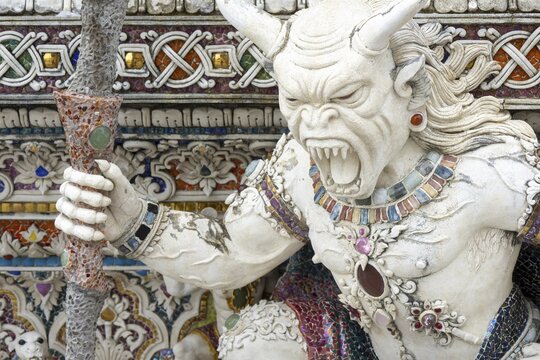 Decorative elements with pop culture references (for example comics, superheroes) in the stucco and porcelain vases outside and inside the art hall with modern art trends such as minimalism and abstraction, Wat Pariwat, Yan Nawa district, Bangkok, Thailand