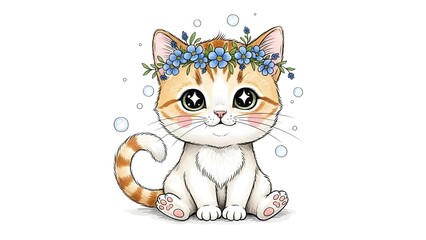 Obraz premium A cute, fluffy kitten with big, sparkling eyes wearing a crown of blue flowers and green leaves, sitting patiently with a gentle smile.