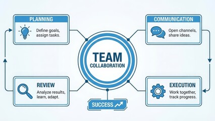 Diagram illustrating the iterative process of team collaboration, encompassing planning, communication, execution, and review phases, ultimately leading to business success