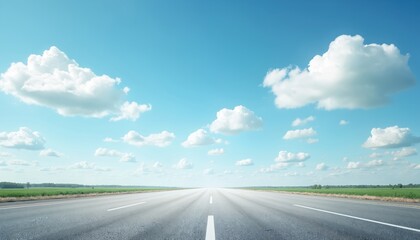 Fototapeta premium Empty asphalt road stretches towards horizon under bright blue sky with white clouds. Green fields flank both sides of the highway, offering a sense of open space and travel.