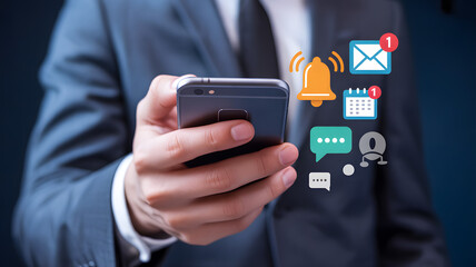 businessman holding smartphone with social network