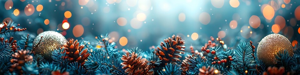 Panoramic Christmas Decoration with Pinecones and Ornaments