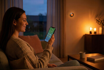 A woman checks her smartphone while relaxing on a couch in a cozy room at night