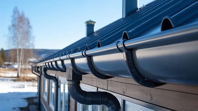 Dark grey seamless gutter system on a house roof Keywords: gutter, rain gutter, roof, house