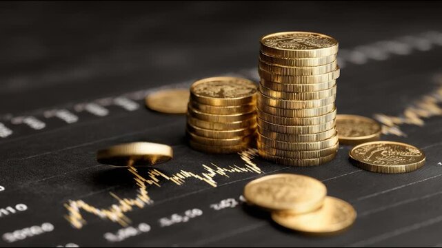 Golden coin finance investment wealth currency savings market stack economy profit glow dark chart with stacked golden coin, scattered currency, rising graph line, wealth focus, investment mood