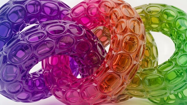 Intertwined translucent rings in a vibrant rainbow gradient with a bubbly texture. - Powered by Adobe