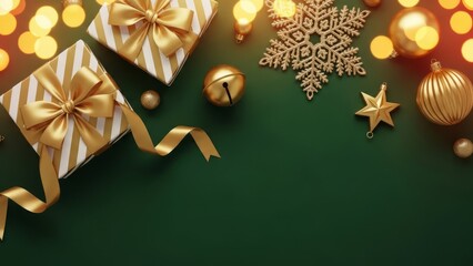 Luxurious golden Christmas gifts and ornaments sparkle against a rich green background with festive bokeh lights