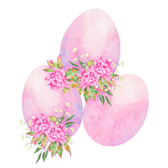 Soft watercolor Easter illustration featuring three pastel pink eggs decorated with blooming peonies and gentle greenery. A sweet, elegant, slightly playful spring design perfect for Easter cards and 