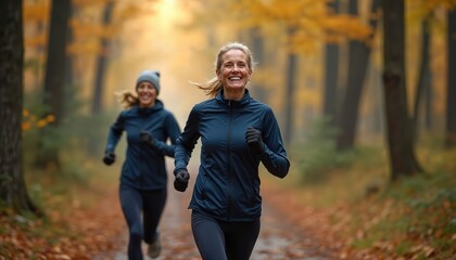 Obraz premium Two women friends running in autumn woods. Active ladies jog on path, enjoy nature, exercise outdoors. Healthy lifestyle, fitness activity for mature people.