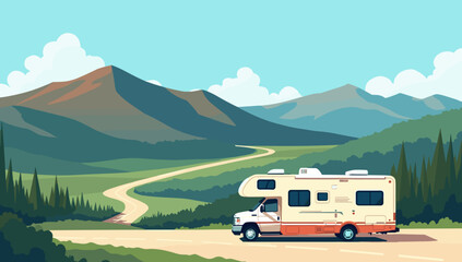 Rv parked on scenic overlook near green valley and tall mountains