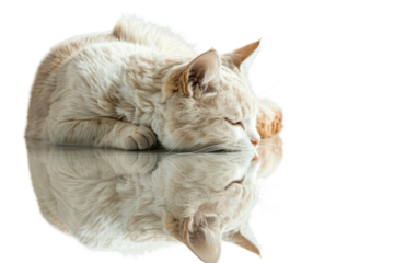  Cat Lounging Gracefully on Gleaming Mirrored Surface. White or PNG Transparent Background.