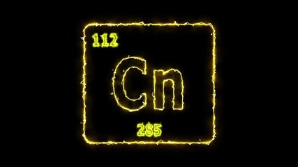 Copernicium - periodic table element symbol hologram, chemical element Periodic Table, atomic weight element number ,glowing on black background in 4K.