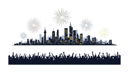 Skyline Celebration: A dynamic city skyline erupts with festive fireworks, while a cheering crowd celebrates from below, creating a vibrant visual symphony of joy and jubilation.