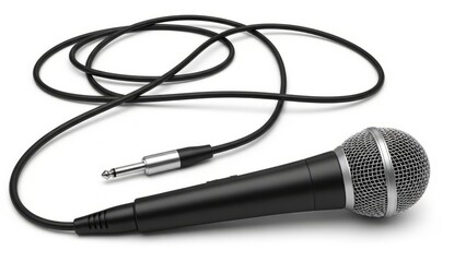 Professional black microphone with coiled cable and metal connector ready for recording music podcasts or live performances