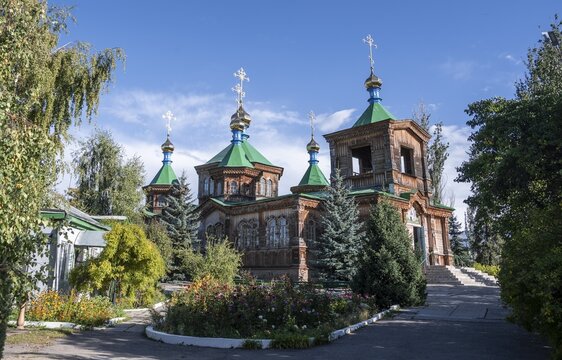 Russian Orthodox Church Cathedral of the Holy Trinity, wooden church with green spires, Karakol, Kyrgyzstan