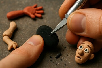 Close-up of Hands Sculpting a Clay Character with a Craft Knife