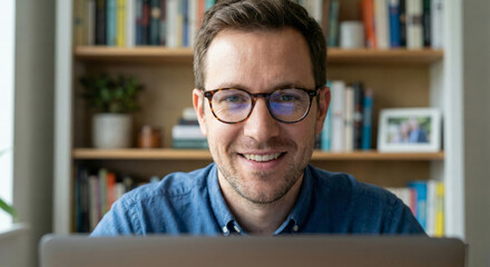 Man is sitting at home with laptop smiling and looking at the camera