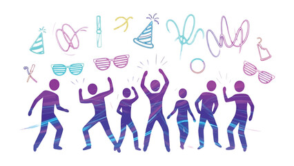 Joyful Crowd Celebration: A lively scene unfolds as a silhouette gathering of people revel in merriment, outlined by festive scribbles of party essentials that evoke a light-hearted celebration.