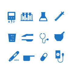 Set of filled medical icons, pharmacy and electronic medicine tools.