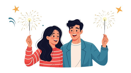 Sparkling Celebration of Two: A couple holds sparklers. the joyous burst of light mirroring their radiant smiles, symbolizing the start of something special. 