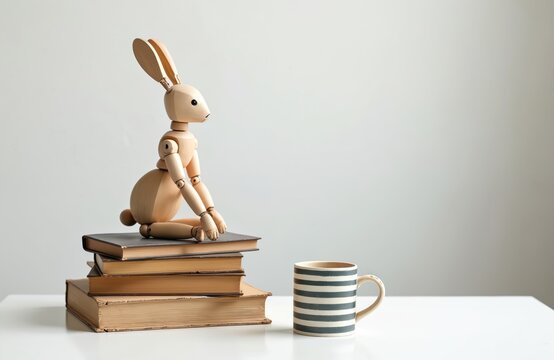Wooden rabbit figure sits on stacked vintage books. Striped coffee mug is on white table. Minimal decor setup for reading, study, or learning. Bright room with clean white wall background for copy.