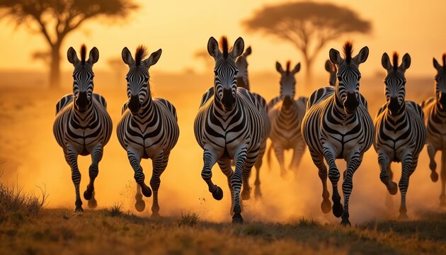 African zebra herd gallops across wide dusty savanna plain. Wild animals run fast together in warm golden sun light, kicking up dust clouds. Dynamic action wildlife image captures running equids in