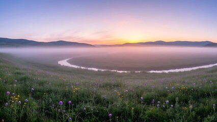Obraz premium Pastel Sunrise Over a Foggy River Valley with a Meadow of Wildflowers.