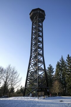 Teltschikturm, 41 m high observation tower, timber frame tower, built in 2001, near Wilhelmsfeld, Rhine-Neckar district, Odenwald, Baden-W&uuml;rttemberg, Germany