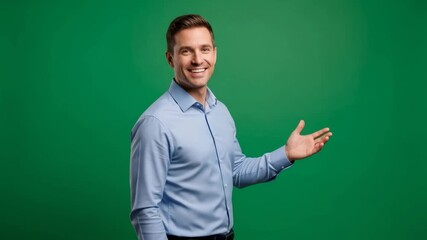 Caucasian man smiling and presenting an invisible object to the side on a green background, ready for chroma key compositing