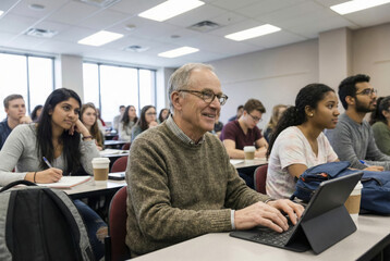 Man uses a tablet to study during a class with students in a university room