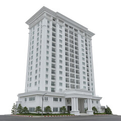 Fototapeta premium Tall white apartment building with classic architecture multiple balconies large windows and grand entrance urban residential high rise elegant and modern daytime clear sky