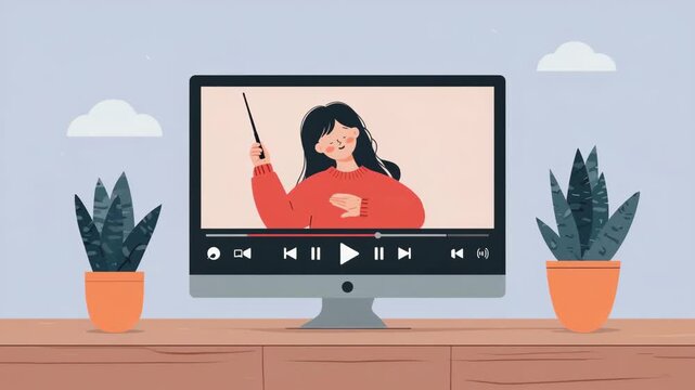 Online education concept with female teacher on computer monitor screen holding pointer