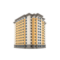 Modern apartment building with yellow and white facade, multiple floors, large windows, and urban residential style, isolated on transparency background, clean and contemporary design